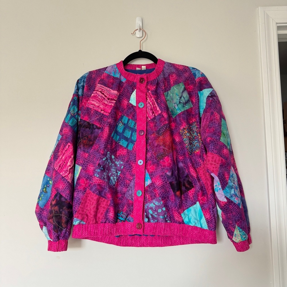 Vintage Quilted Patchwork Bomber Jacket Magenta Purple Batik Abstract Large
